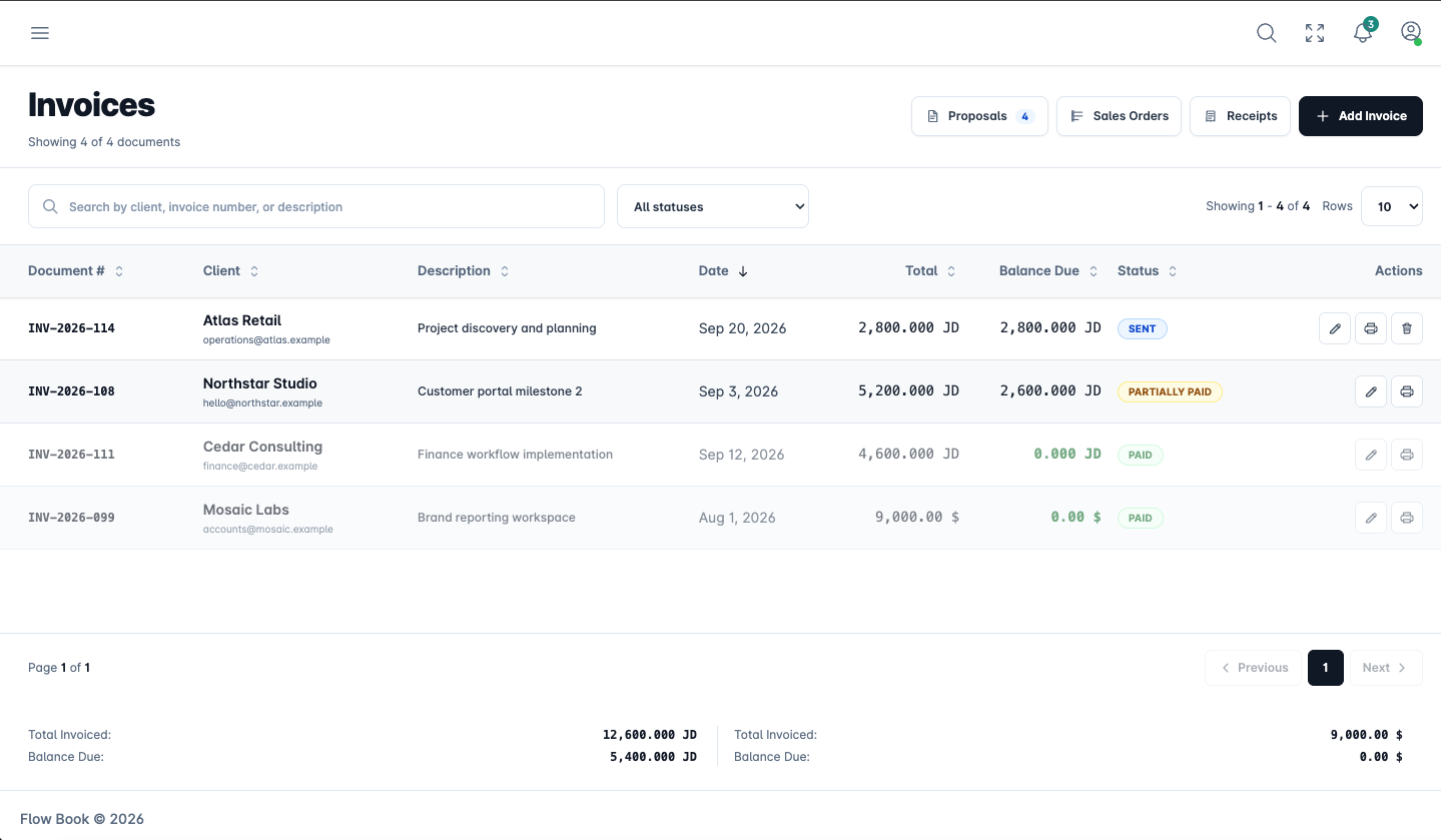 FlowBook invoices list