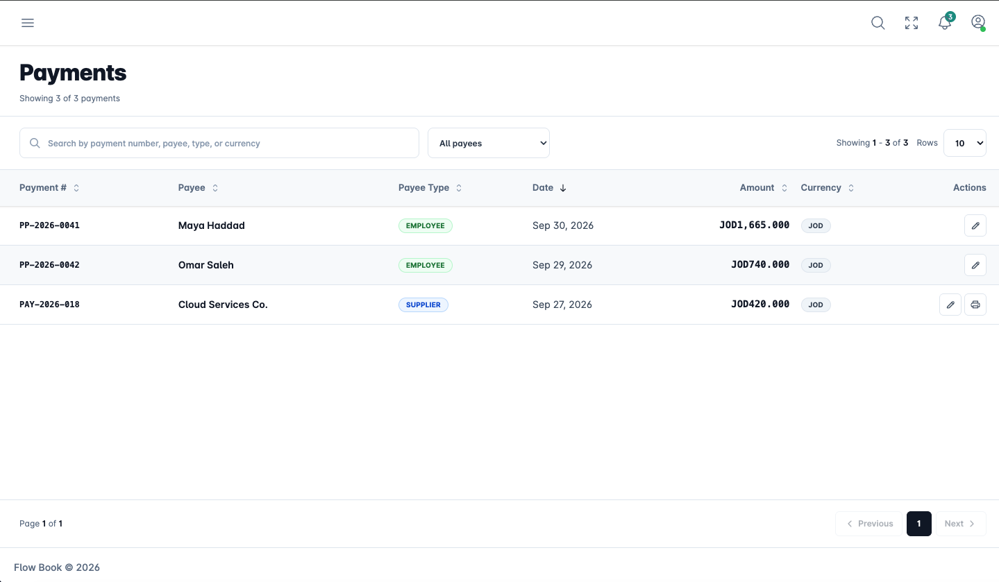 FlowBook payments list showing supplier and employee payments
